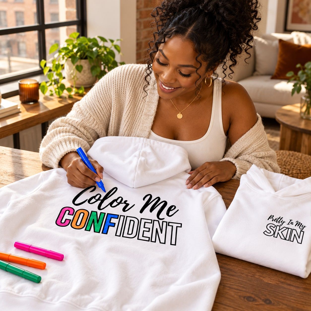 Woman coloring the CONFIDENT letters on her Color Me Confident hoodie