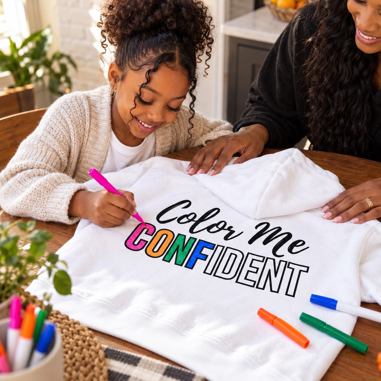 Girl coloring the CONFIDENT letters on her white youth hoodie with a parent helping